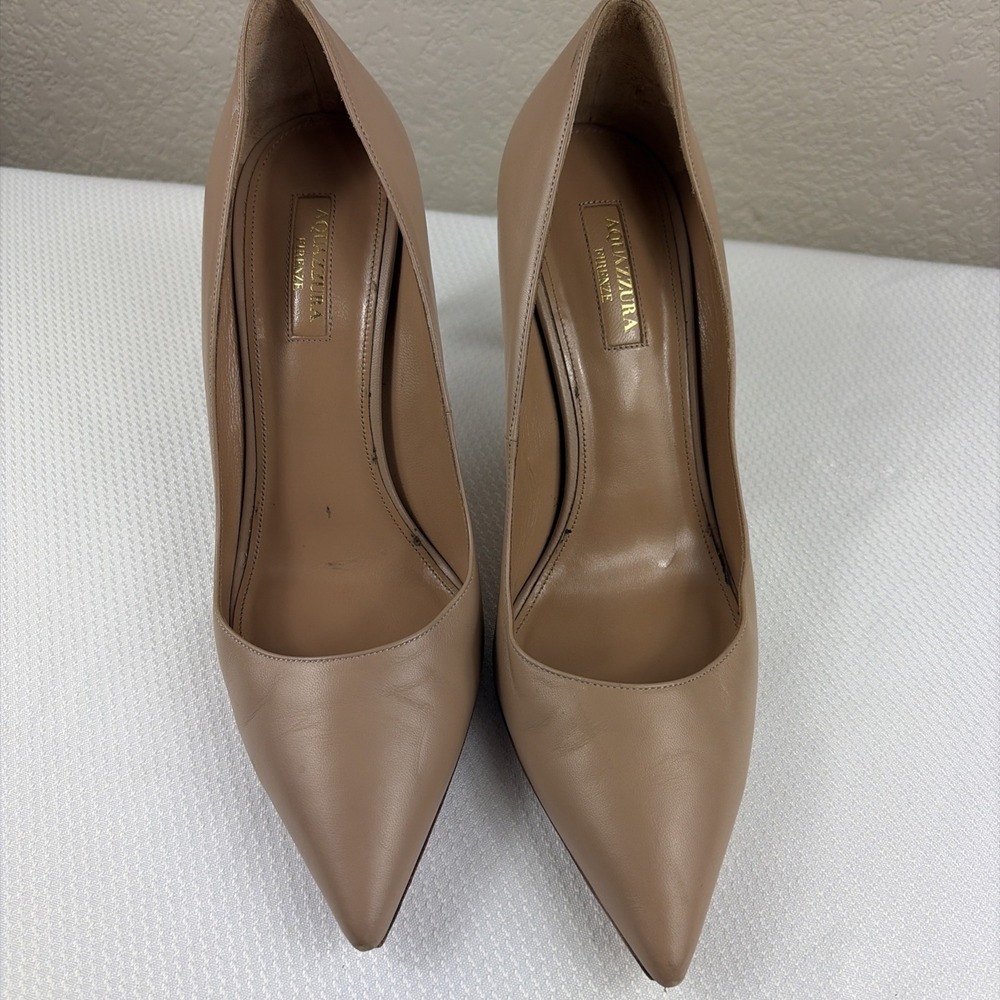 Aquazzura Leather Firenze Pumps Beige Size 39.5 Pointed Toe Heel - Picture 2 of 11